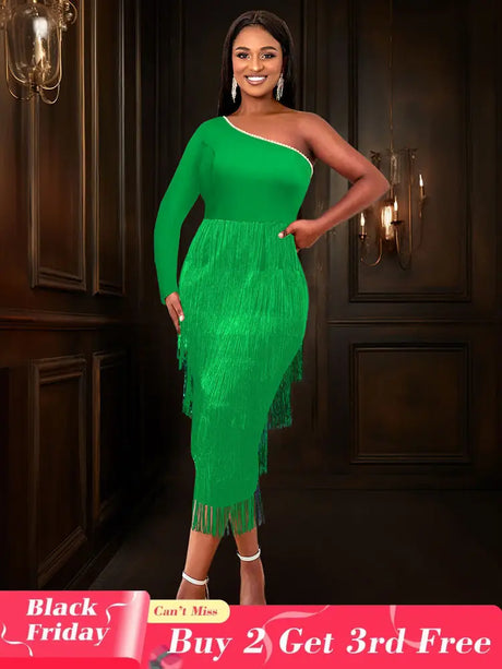AOMEIDRESS Green Party Events Tassels Dresses For Women One Shoulder Green / S