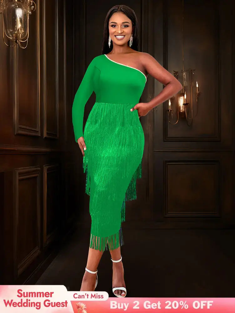AOMEIDRESS Green Party Events Tassels Dresses For Women One Shoulder Green / S