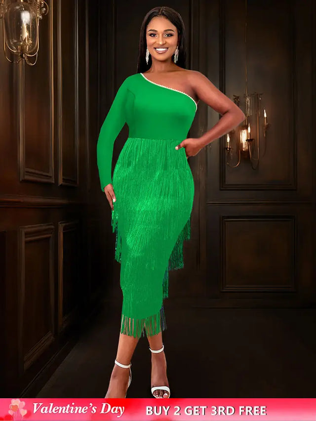 AOMEIDRESS Green Party Events Tassels Dresses For Women One Shoulder Green / S