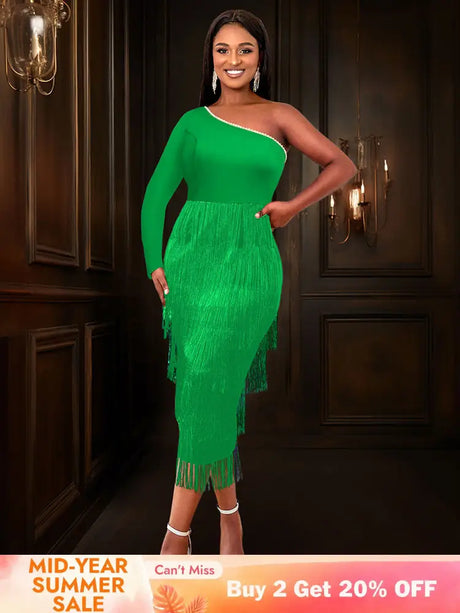 AOMEIDRESS Green Party Events Tassels Dresses For Women One Shoulder Green / S