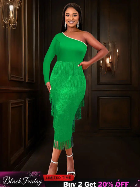 AOMEIDRESS Green Party Events Tassels Dresses For Women One Shoulder Green / S