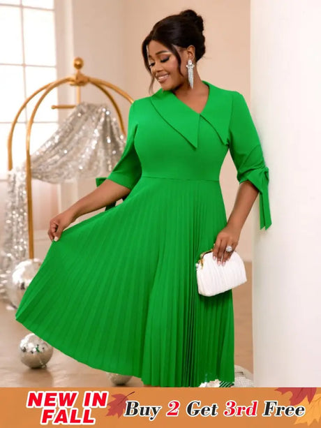 AOMEIDRESS Green Pleated Dress Irregular Collar Half Sleeve with Bows Green / S