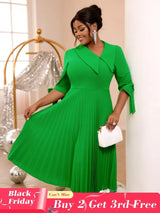 AOMEIDRESS Green Pleated Dress Irregular Collar Half Sleeve with Bows Green / S