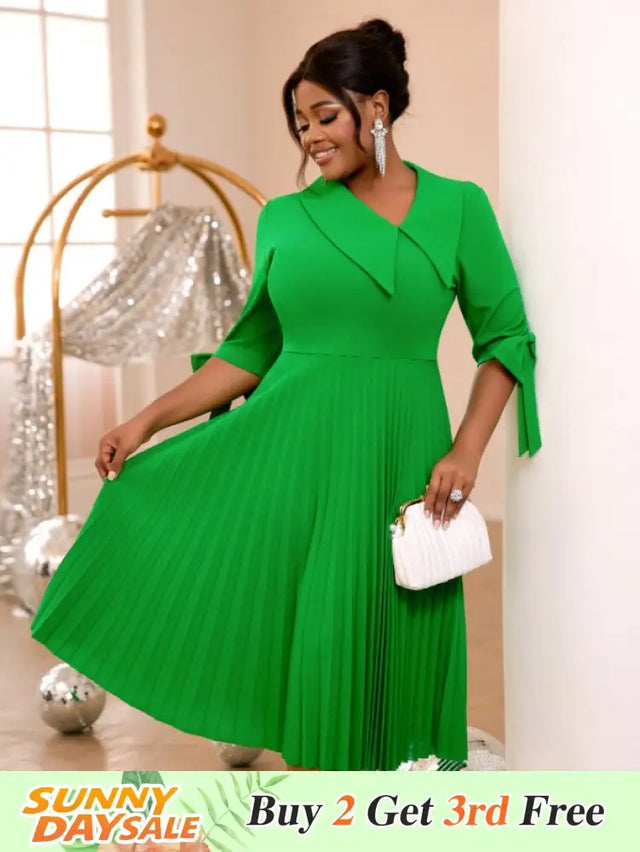 AOMEIDRESS Green Pleated Dress Irregular Collar Half Sleeve with Bows Green / S