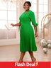 AOMEIDRESS Green Pleated Dress Irregular Collar Half Sleeve with Bows