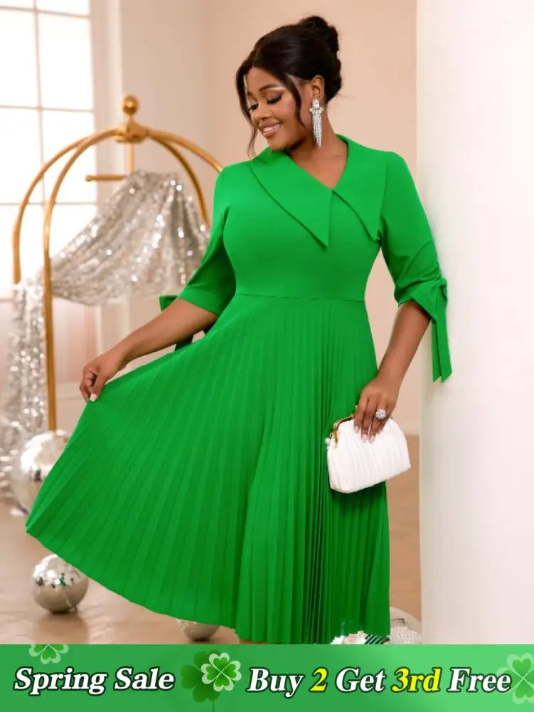 AOMEIDRESS Green Pleated Dress Irregular Collar Half Sleeve with Bows Green / S