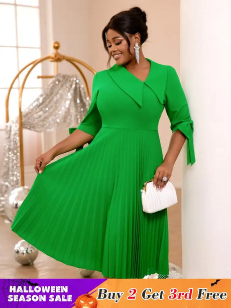 AOMEIDRESS Green Pleated Dress Irregular Collar Half Sleeve with Bows Green / S