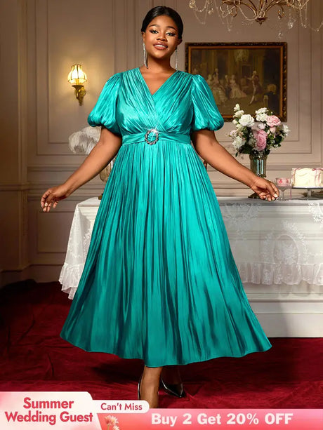 AOMEIDRESS Green Plus Size Dresses for Curvy Women Half Puff Sleeves A Line Outfits Green / S