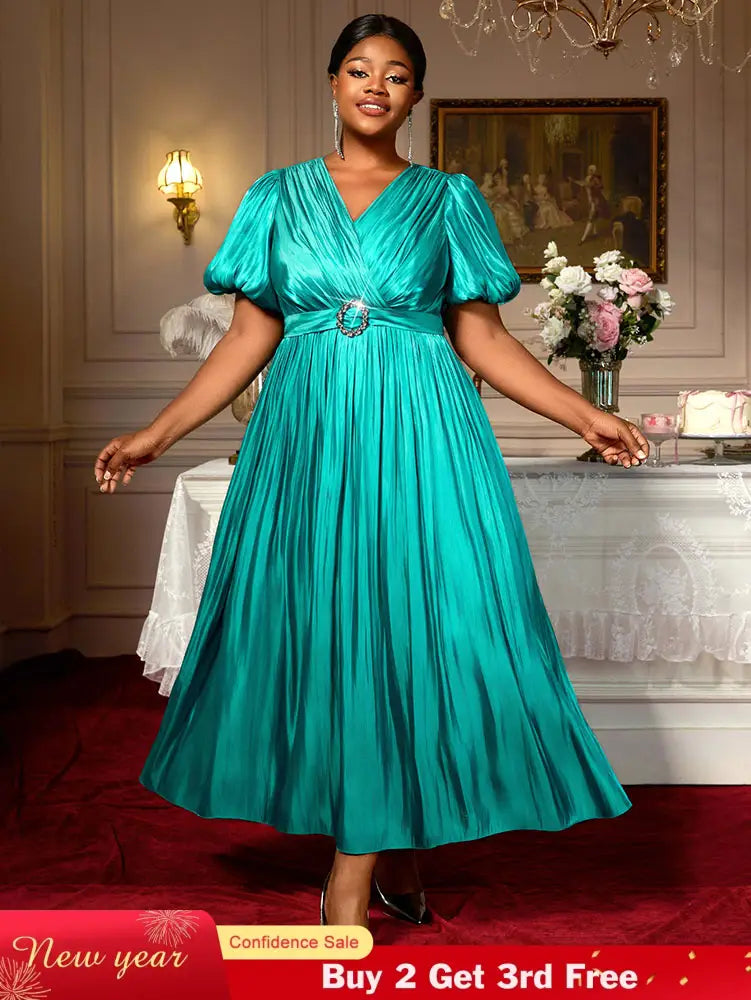 AOMEIDRESS Green Plus Size Dresses for Curvy Women Half Puff Sleeves A Line Outfits Green / S