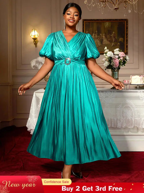 AOMEIDRESS Green Plus Size Dresses for Curvy Women Half Puff Sleeves A Line Outfits Green / S