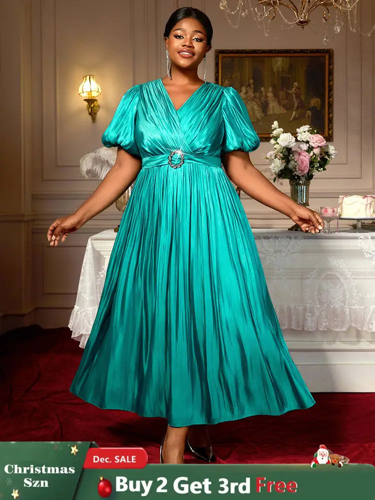 AOMEIDRESS Green Plus Size Dresses for Curvy Women Half Puff Sleeves A Line Outfits Green / S