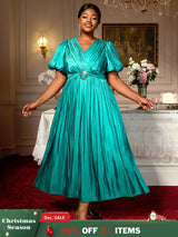 AOMEIDRESS Green Plus Size Dresses for Curvy Women Half Puff Sleeves A Line Outfits Green / S