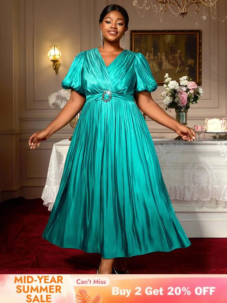 AOMEIDRESS Green Plus Size Dresses for Curvy Women Half Puff Sleeves A Line Outfits Green / S