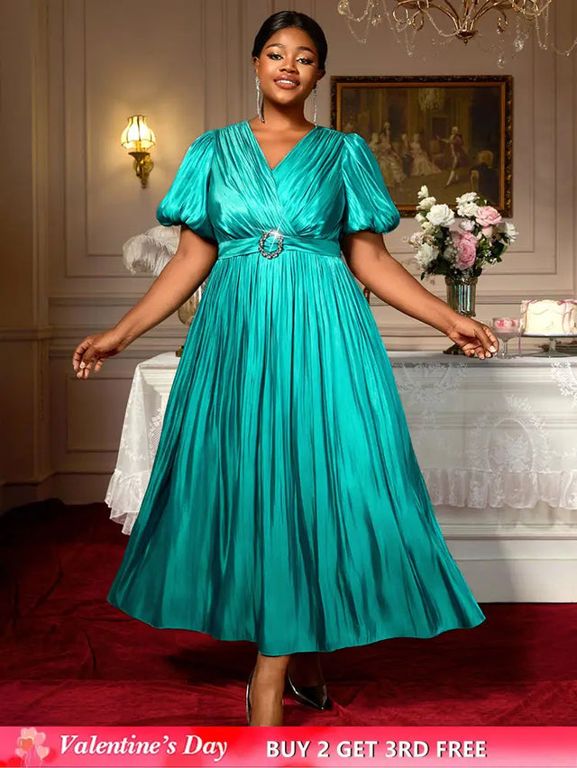 AOMEIDRESS Green Plus Size Dresses for Curvy Women Half Puff Sleeves A Line Outfits Green / S