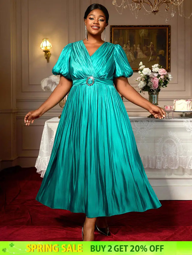 AOMEIDRESS Green Plus Size Dresses for Curvy Women Half Puff Sleeves A Line Outfits Green / S