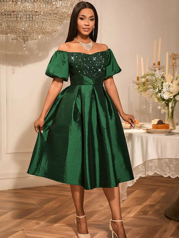 AOMEIDRESS Green Sequins A Line Off Shoulder Dress For Wedding Guest