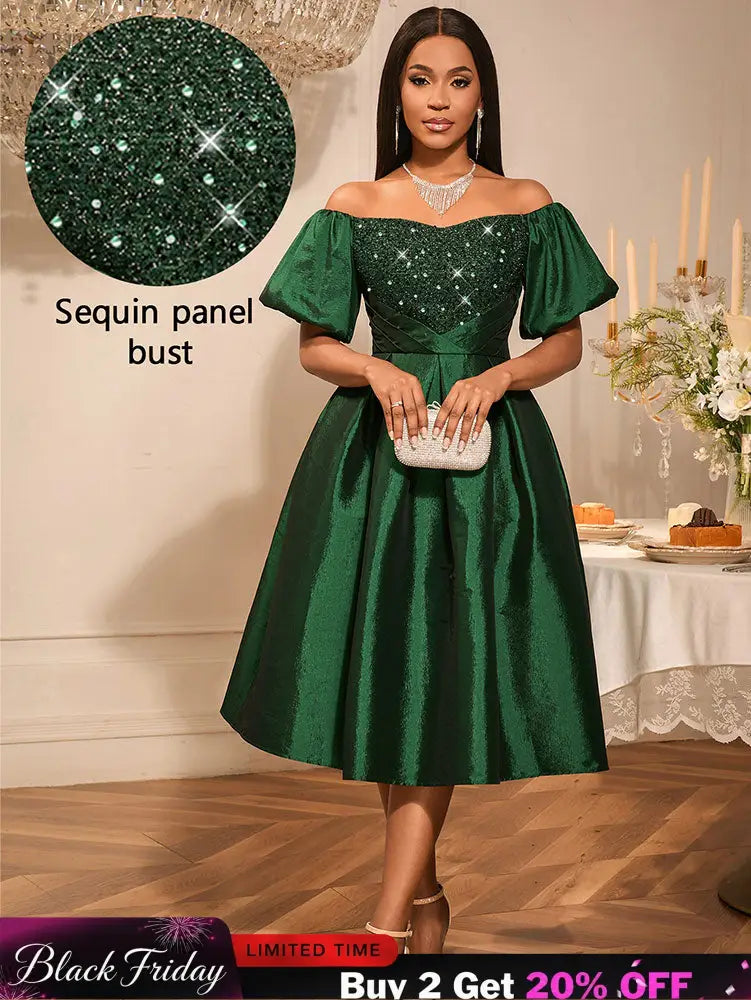 AOMEIDRESS Green Sequins A Line Off Shoulder Dress For Wedding Guest DarkGreen / S