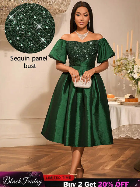 AOMEIDRESS Green Sequins A Line Off Shoulder Dress For Wedding Guest DarkGreen / S