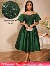 AOMEIDRESS Green Sequins A Line Off Shoulder Dress For Wedding Guest DarkGreen / S