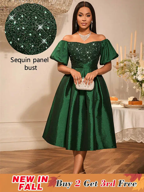 AOMEIDRESS Green Sequins A Line Off Shoulder Dress For Wedding Guest DarkGreen / S