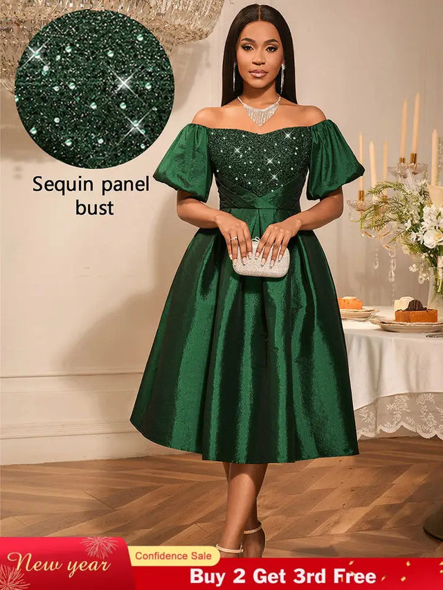 AOMEIDRESS Green Sequins A Line Off Shoulder Dress For Wedding Guest DarkGreen / S