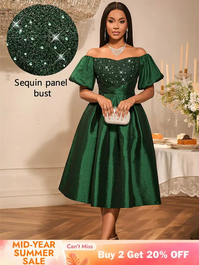 AOMEIDRESS Green Sequins A Line Off Shoulder Dress For Wedding Guest DarkGreen / S
