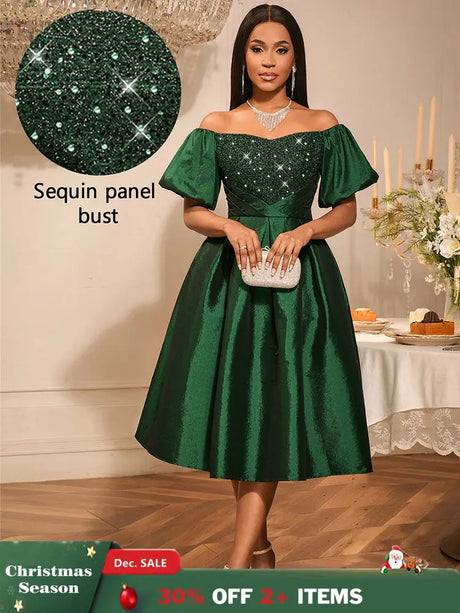 AOMEIDRESS Green Sequins A Line Off Shoulder Dress For Wedding Guest DarkGreen / S