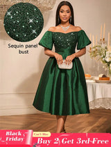 AOMEIDRESS Green Sequins A Line Off Shoulder Dress For Wedding Guest DarkGreen / S