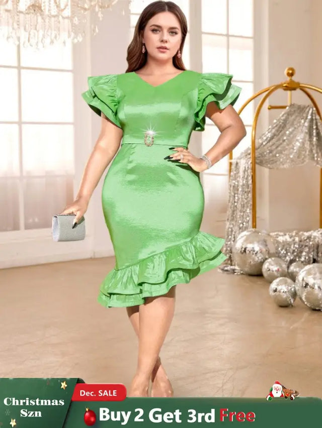green v neck midi dresse for women