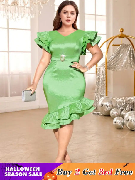green v neck midi dresse for women