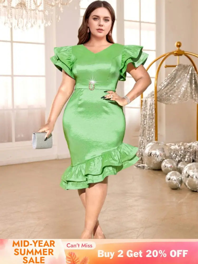 green v neck midi dresse for women