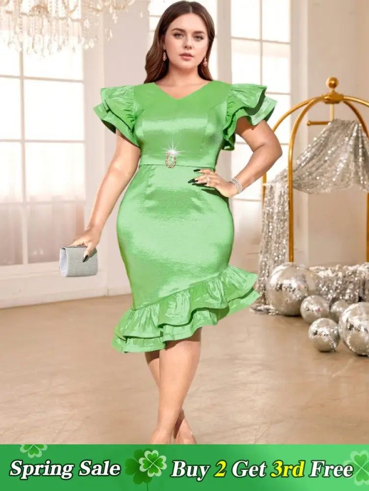 green v neck midi dresse for women