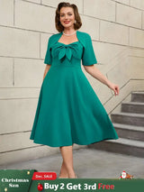 AOMEIDRESS Green Short Sleeve A Line Dress with 3D Bow Design
