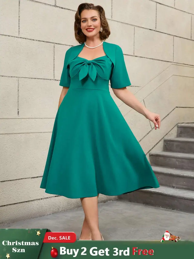 AOMEIDRESS Green Short Sleeve A Line Dress with 3D Bow Design
