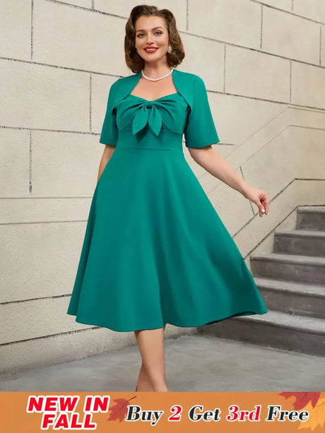 AOMEIDRESS Green Short Sleeve A Line Dress with 3D Bow Design
