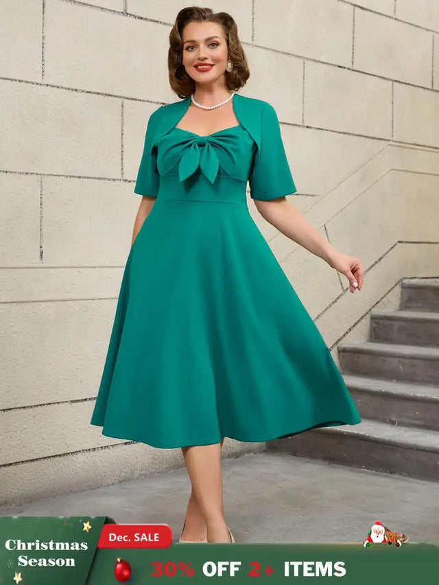 AOMEIDRESS Green Short Sleeve A Line Dress with 3D Bow Design
