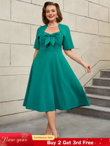 AOMEIDRESS Green Short Sleeve A Line Dress with 3D Bow Design
