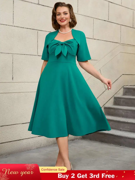 AOMEIDRESS Green Short Sleeve A Line Dress with 3D Bow Design
