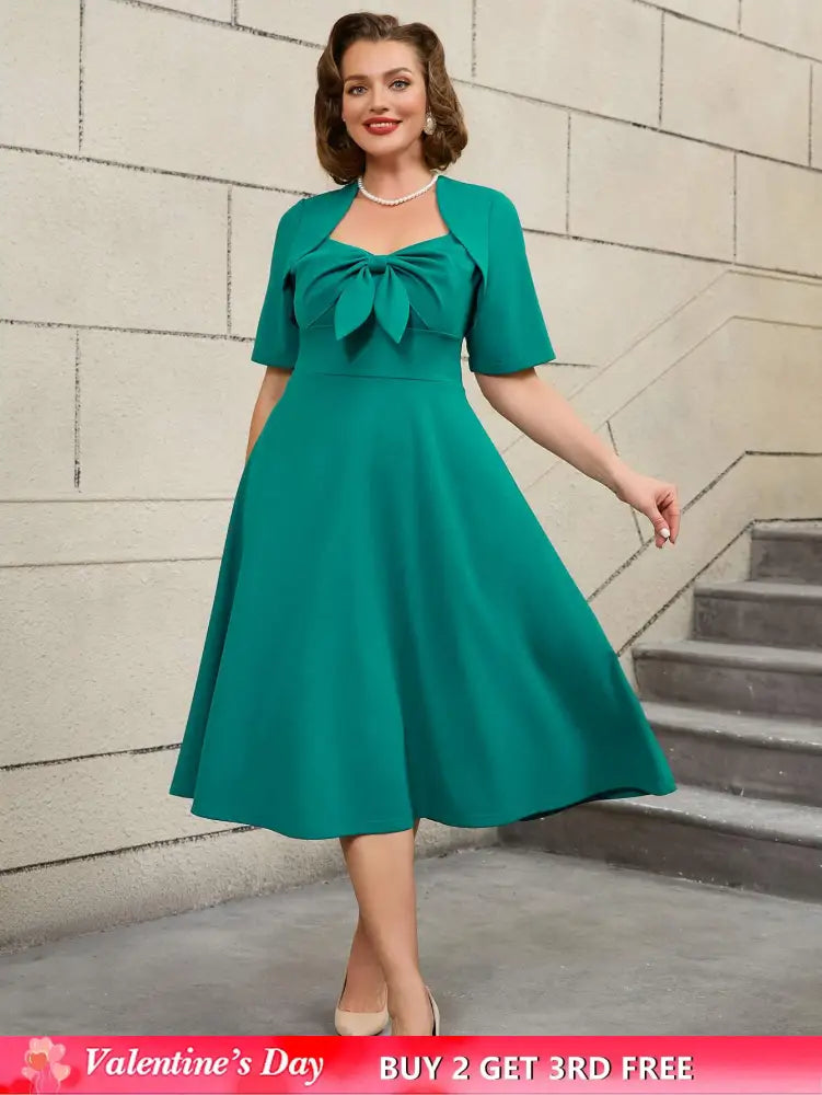 AOMEIDRESS Green Short Sleeve A Line Dress with 3D Bow Design
