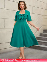 AOMEIDRESS Green Short Sleeve A Line Dress with 3D Bow Design
