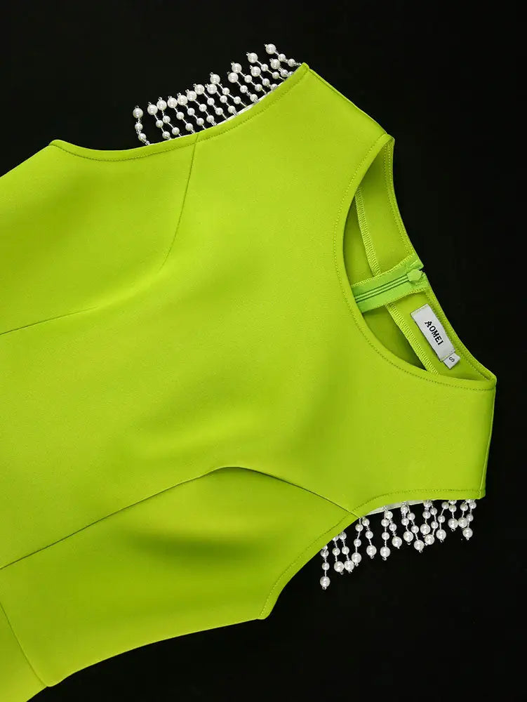 AOMEIDRESS Green Sleeveless Bodycon Dress Beading Party Causal Wear