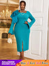 AOMEIDRESS Green Square Collar Midi Dress Long Flare Sleeve 3D Flower Green / S