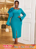 AOMEIDRESS Green Square Collar Midi Dress Long Flare Sleeve 3D Flower Green / S