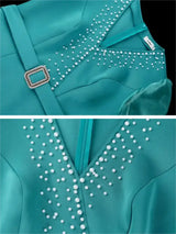 AOMEIDRESS Green V Neck Midi Dresses Beaded See Through Irregular