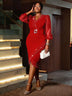 AOMEIDRESS Green V Neck Midi Dresses Beaded See Through Irregular Red / S