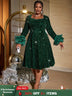 AOMEIDRESS Green Velvet Sequins a line Dress Long Sleeve Tulle Ruffle DarkGreen / S