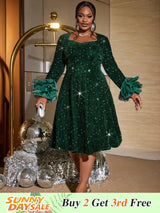 AOMEIDRESS Green Velvet Sequins a line Dress Long Sleeve Tulle Ruffle DarkGreen / S