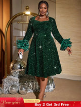 AOMEIDRESS Green Velvet Sequins a line Dress Long Sleeve Tulle Ruffle DarkGreen / S