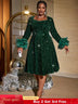 AOMEIDRESS Green Velvet Sequins a line Dress Long Sleeve Tulle Ruffle DarkGreen / S