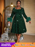 AOMEIDRESS Green Velvet Sequins a line Dress Long Sleeve Tulle Ruffle DarkGreen / S